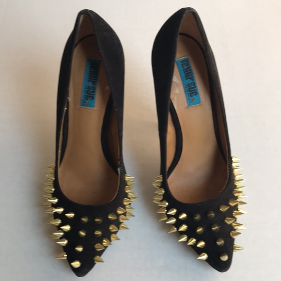 Penny Sue Black Faux Suede Shoe with Gold Spikes & Metallic 4.5 inch Heel - Picture 2 of 13